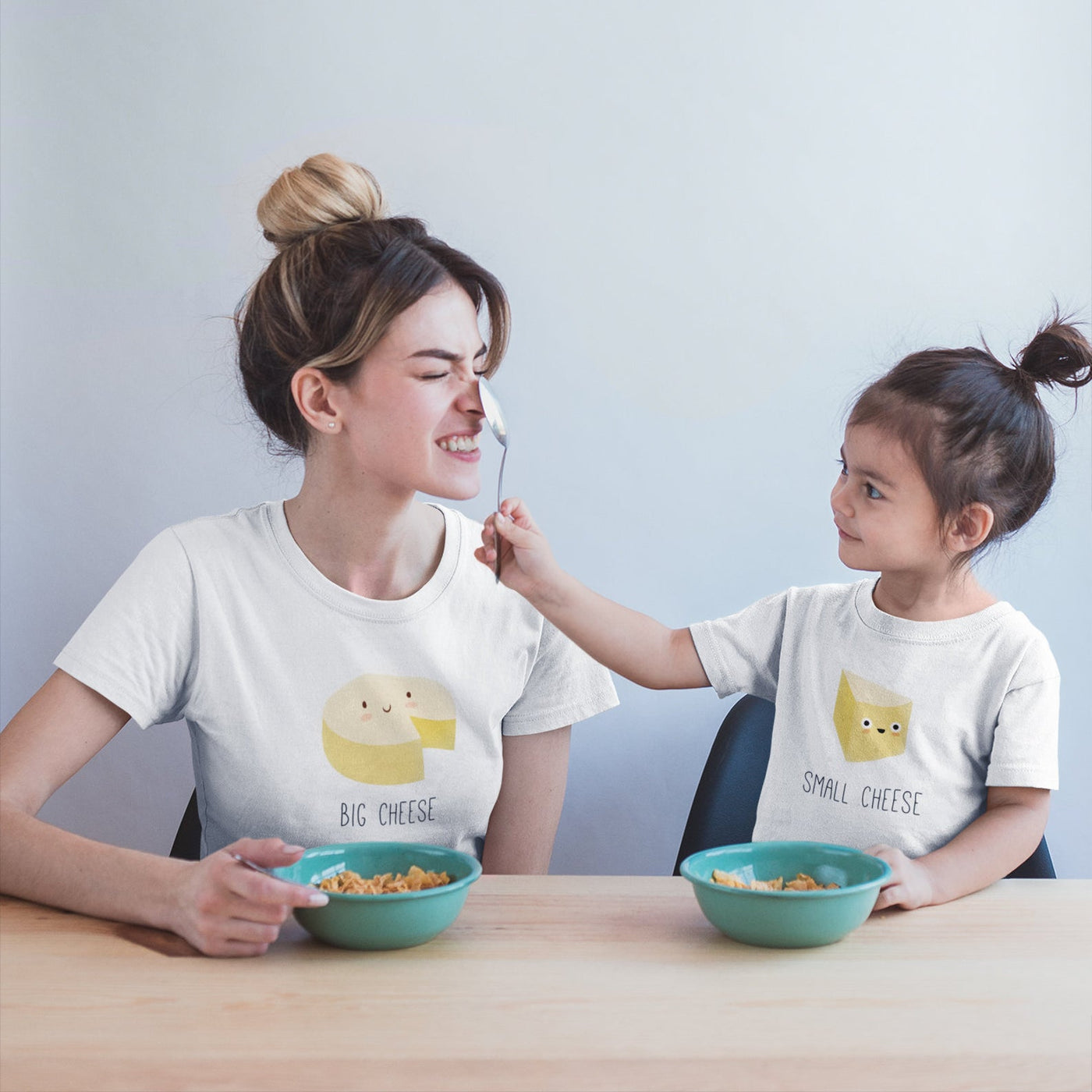 Mum & daughter in matching big cheese and little cheese tshirts